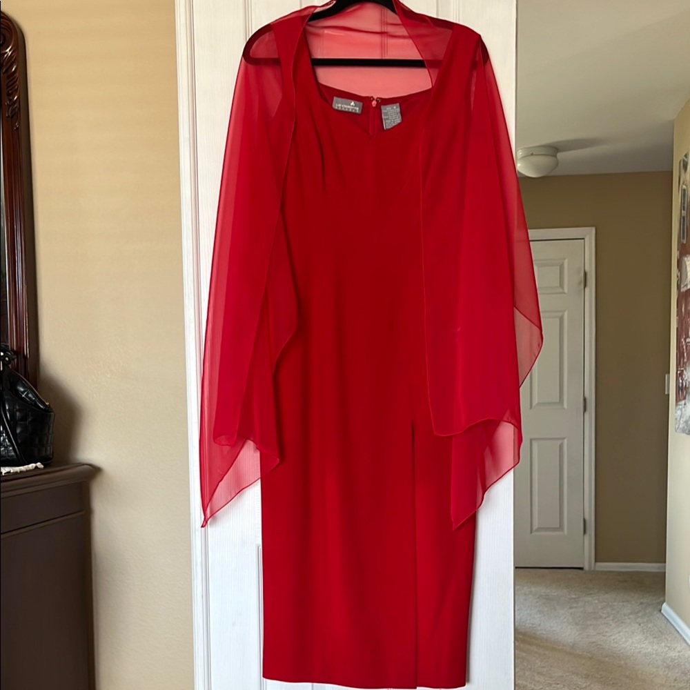 Liz Claiborne Red Sheath Midi Dress Sleeveless With Scarf Scoop Neck Sz 8